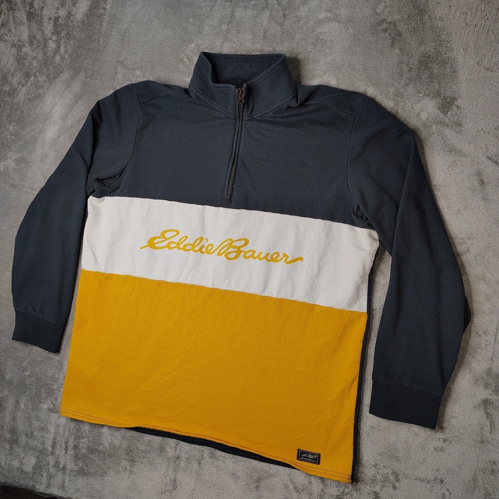 Eddie Bauer Quarter Zip Sweatshirt Mens TXL Navy White Yellow Colorblock Logo
